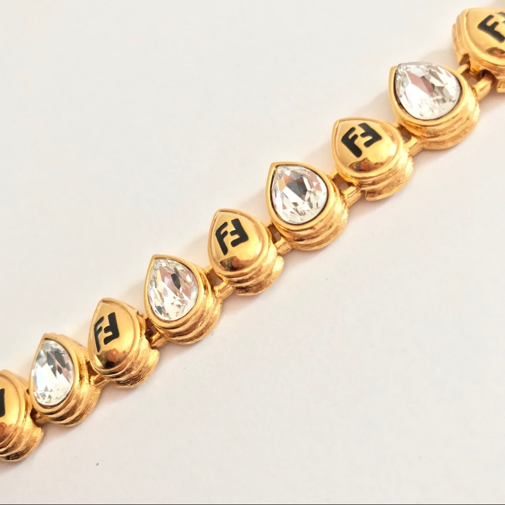 FENDI Rare Vintage FF Logo Gold & Crystal Necklace - Picture 3 of 6